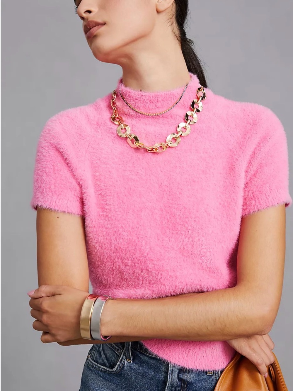 Anthropologie Maeve Plush Pink Short-Sleeve Sweater